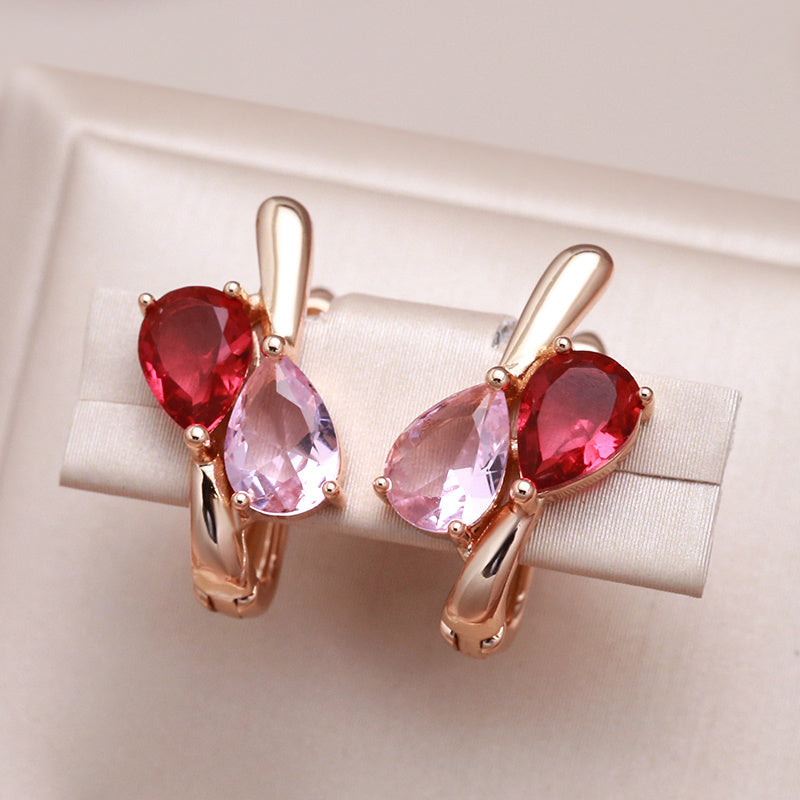 Red Pink Zircon Dangle Earrings, Teardrop Cut, Bride Wedding Jewelry