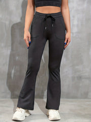 Dark Gray Yoga Pants Women Mid Waist Drawstring Pockets Fared Leg