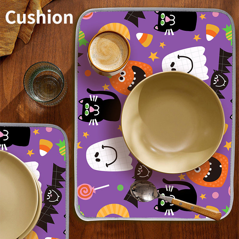 Halloween Ghost Decoration Pattern Drain Pad Kitchen Absorbent Dish Drying Mat