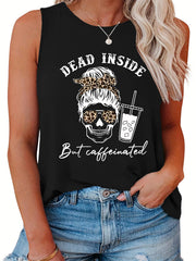 Halloween Casual Tank Top Women's Plus Skull & Slogan Print Vest