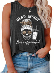 Halloween Casual Tank Top Women's Plus Skull & Slogan Print Vest