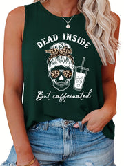 Halloween Casual Tank Top Women's Plus Skull & Slogan Print Vest