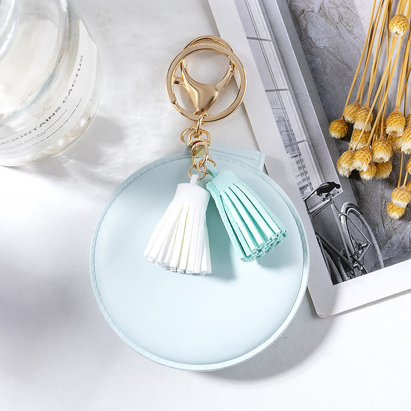 PU Leather Folding Makeup Mirror Keychain Small Cosmetic Touch up Mirror Tassel