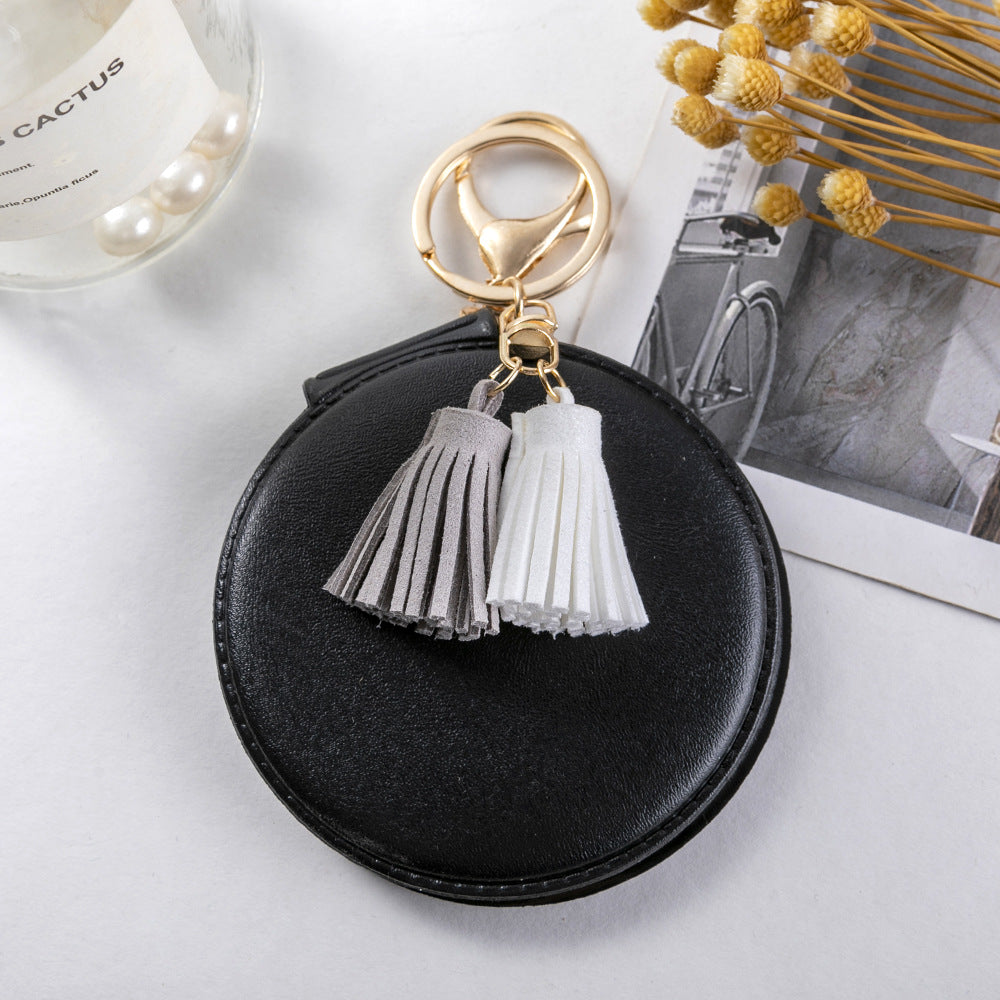 PU Leather Folding Makeup Mirror Keychain Small Cosmetic Touch up Mirror Tassel