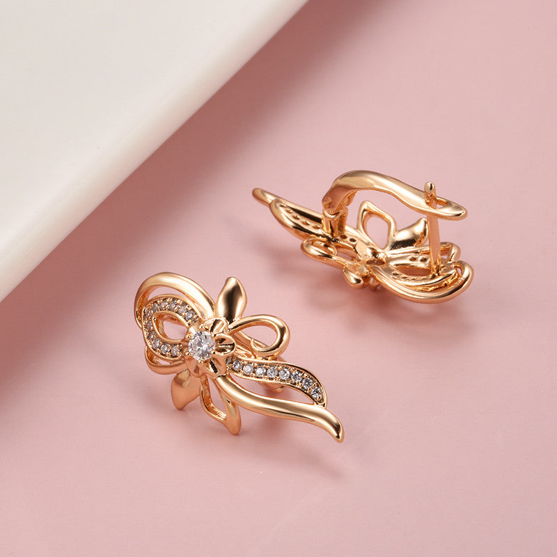 Vintage Golden Crystal Flower Earrings Zircon Wedding Jewelry