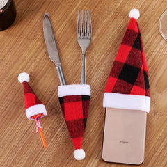Christmas Hat Red And Plaid Cloth Mini Hat And Fork Set