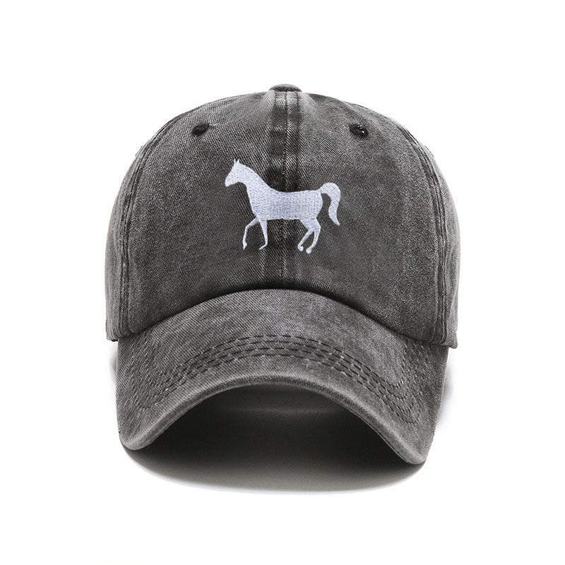 Horse Embroidered Washed Vintage Sunshade Baseball Hat