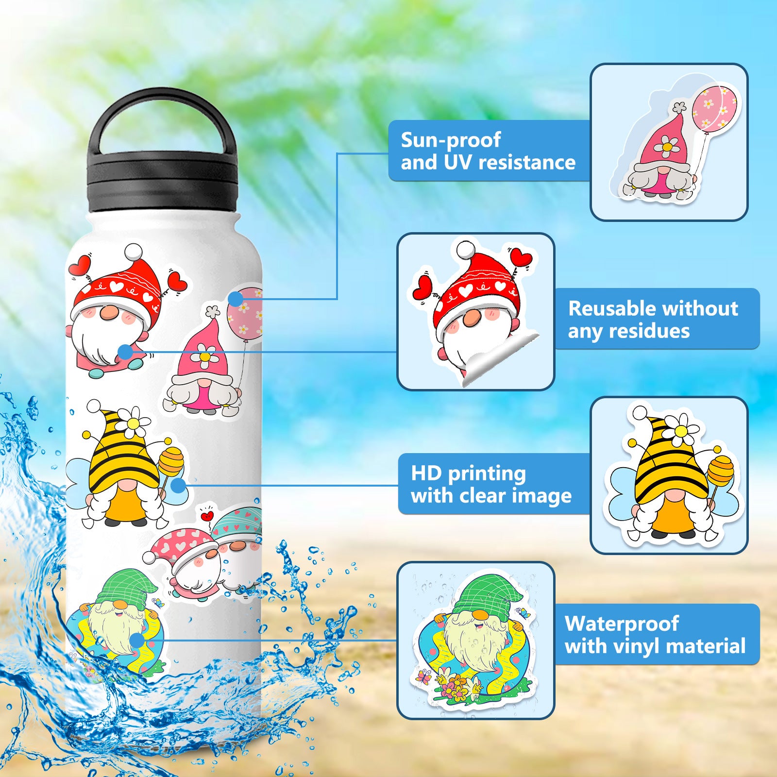 50pcs Gnome Stickers Pack Vinyl Stickers for Water Bottle Laptop Phone