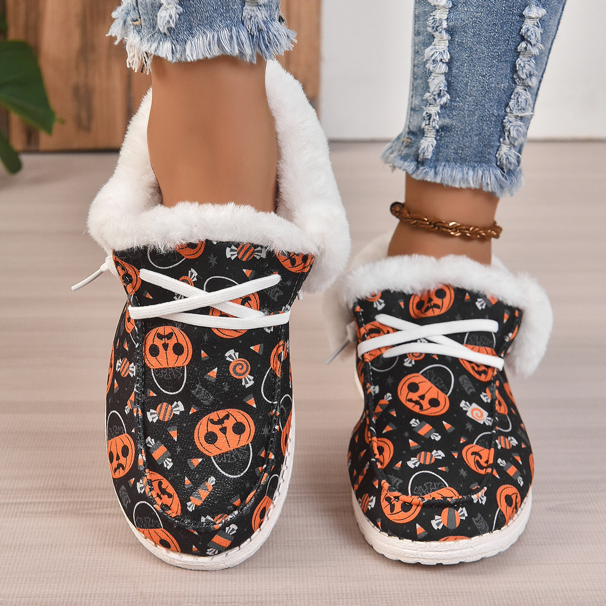 Women's Pumpkin Lace-up Canvas Shoes Low Top Slip-on Flats