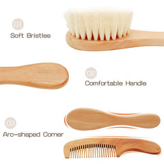 2pcs Natural Wooden Hair Brush & Comb Set, Soft Goat Hair Massage Comb
