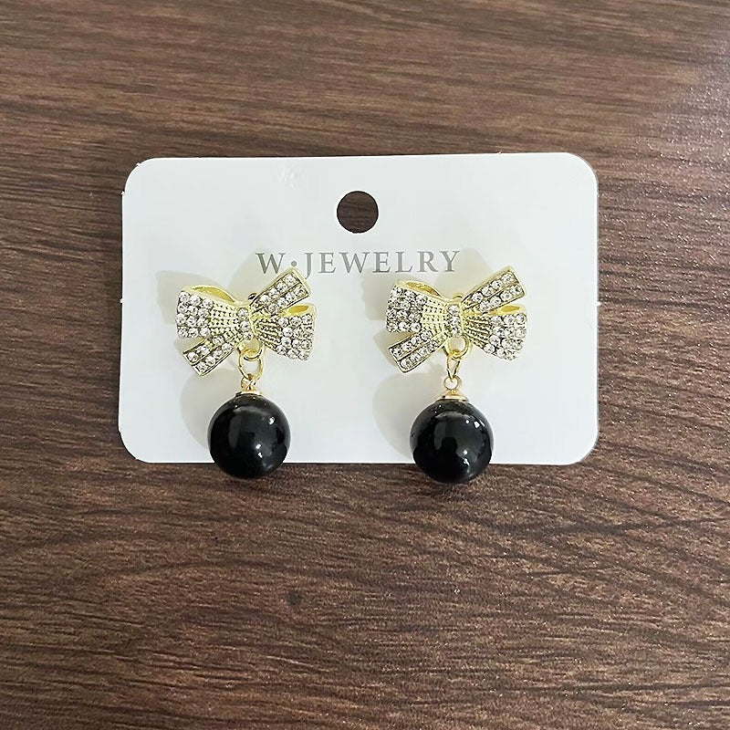 Bow Faux Pearl Artificial Diamond Earrings for Women
