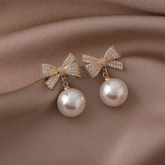 Bow Faux Pearl Artificial Diamond Earrings for Women
