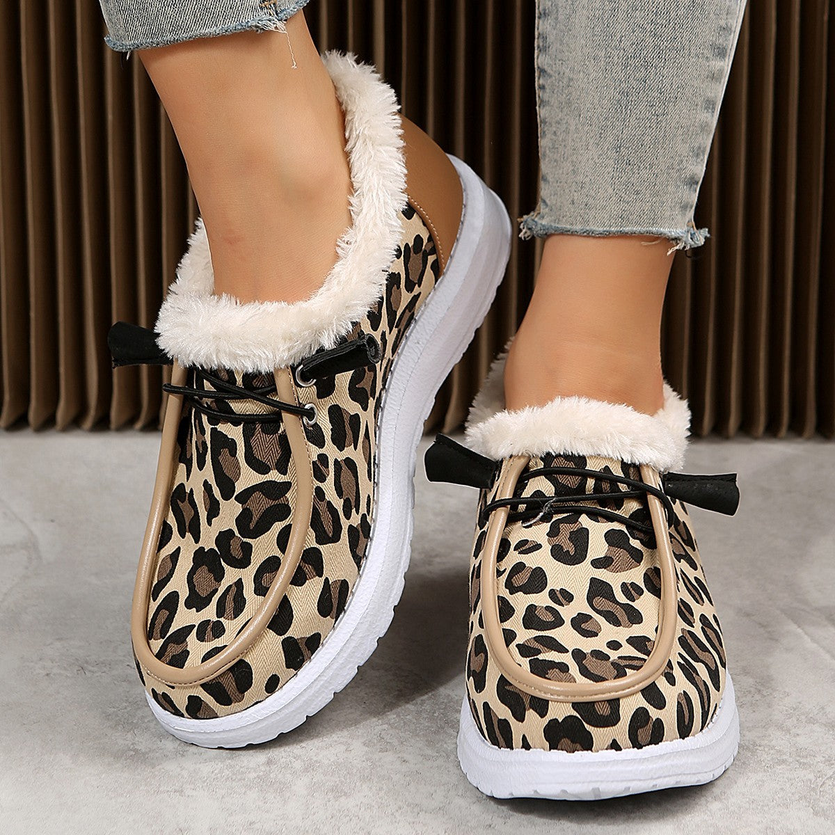 Leopard Print Fur Fleece Lined Snow Shoes Plush Boat Shoes