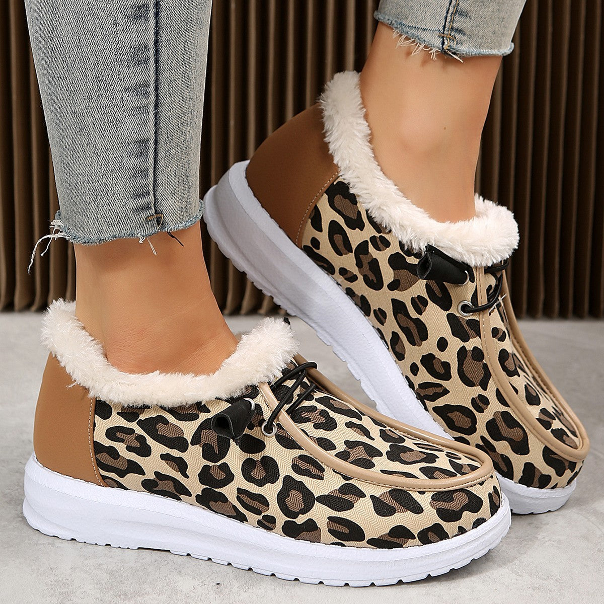 Leopard Print Fur Fleece Lined Snow Shoes Plush Boat Shoes