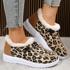 Leopard Print Fur Fleece Lined Snow Shoes Plush Boat Shoes
