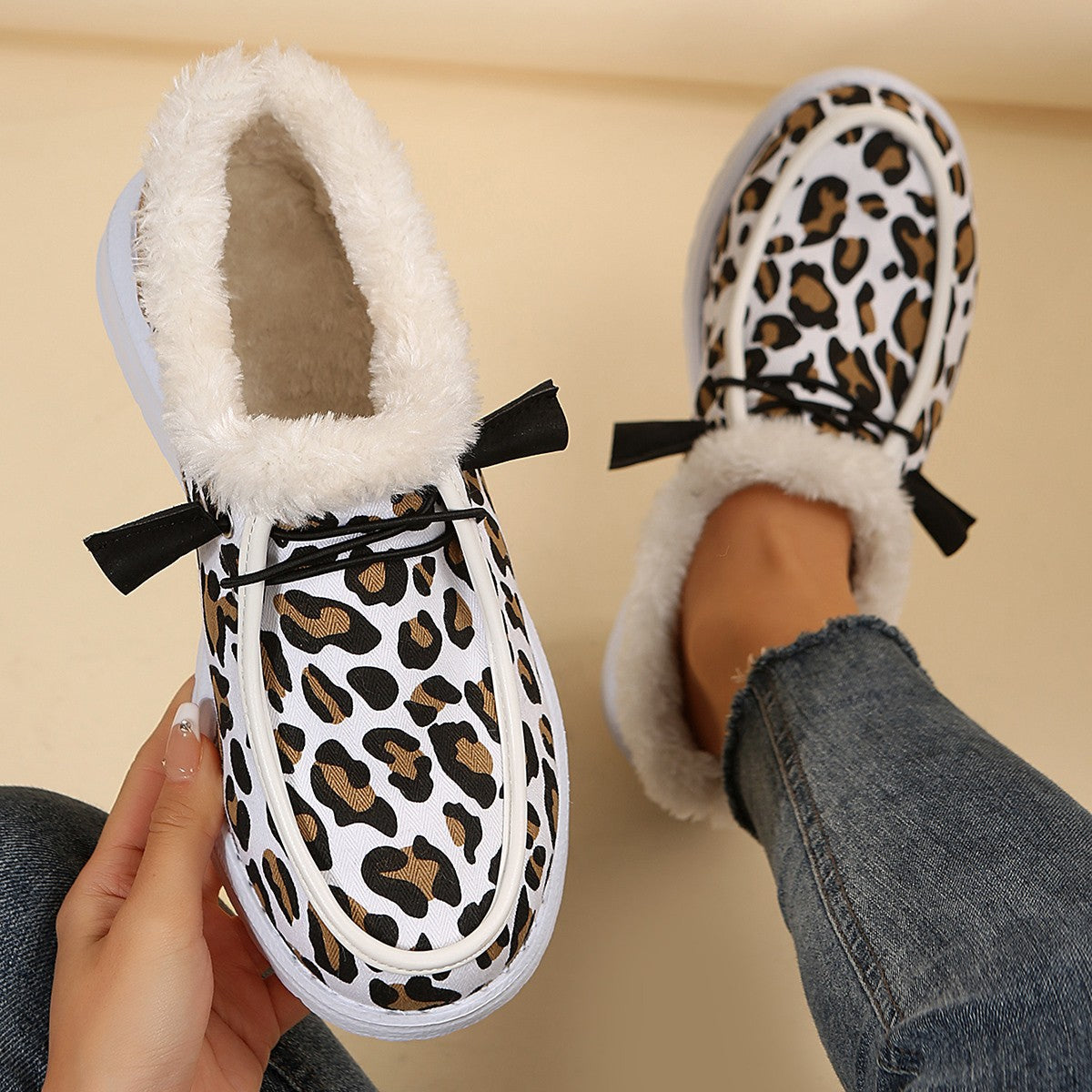 Leopard Print Fur Fleece Lined Snow Shoes Plush Boat Shoes