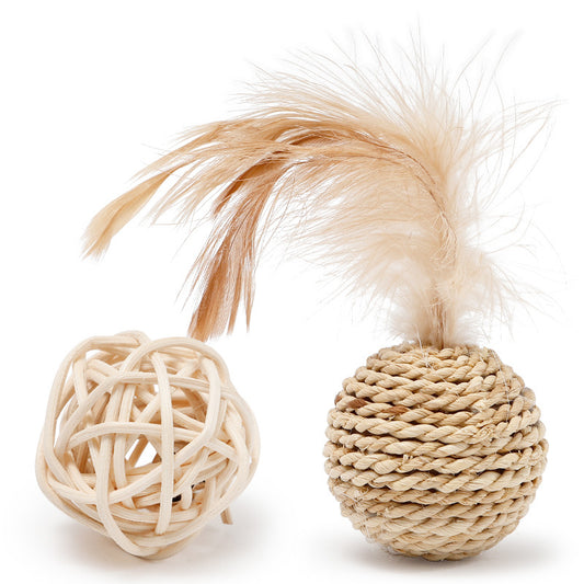Rattan Cat Double Ball Toy Set with Bell & Feather