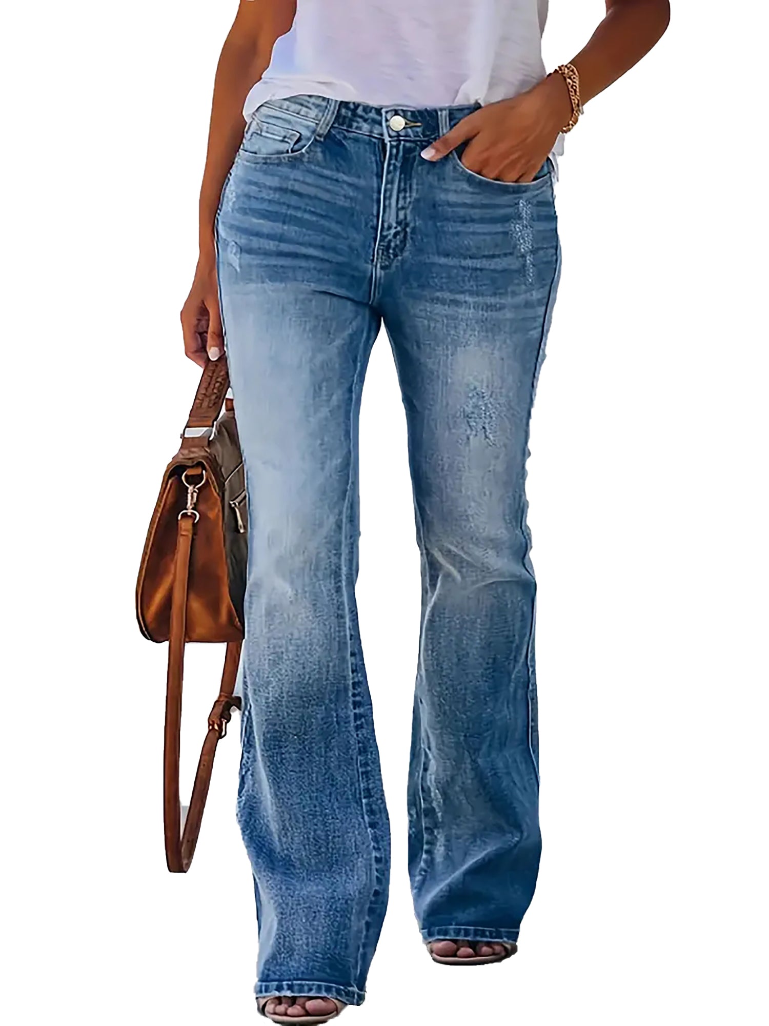 Button Fly High Rise Stretch Flared Leg Jeans