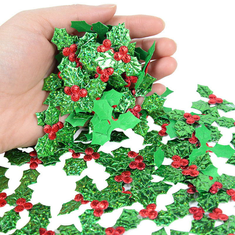 Glitter Fabric Red Berry Green Holly Leaves Appliques Christmas Decorations