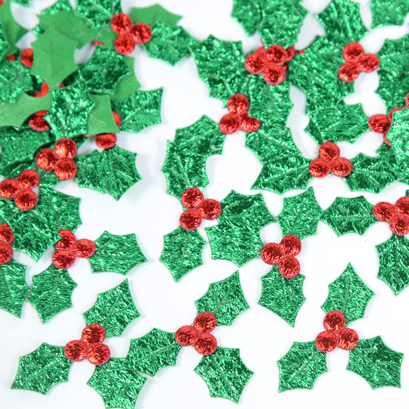 Glitter Fabric Red Berry Green Holly Leaves Appliques Christmas Decorations
