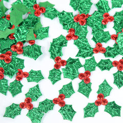 Glitter Fabric Red Berry Green Holly Leaves Appliques Christmas Decorations