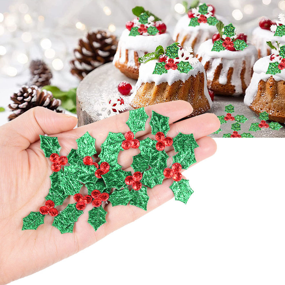 Glitter Fabric Red Berry Green Holly Leaves Appliques Christmas Decorations