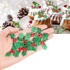 Glitter Fabric Red Berry Green Holly Leaves Appliques Christmas Decorations