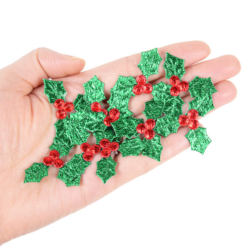 Glitter Fabric Red Berry Green Holly Leaves Appliques Christmas Decorations