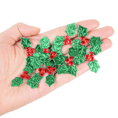 Glitter Fabric Red Berry Green Holly Leaves Appliques Christmas Decorations