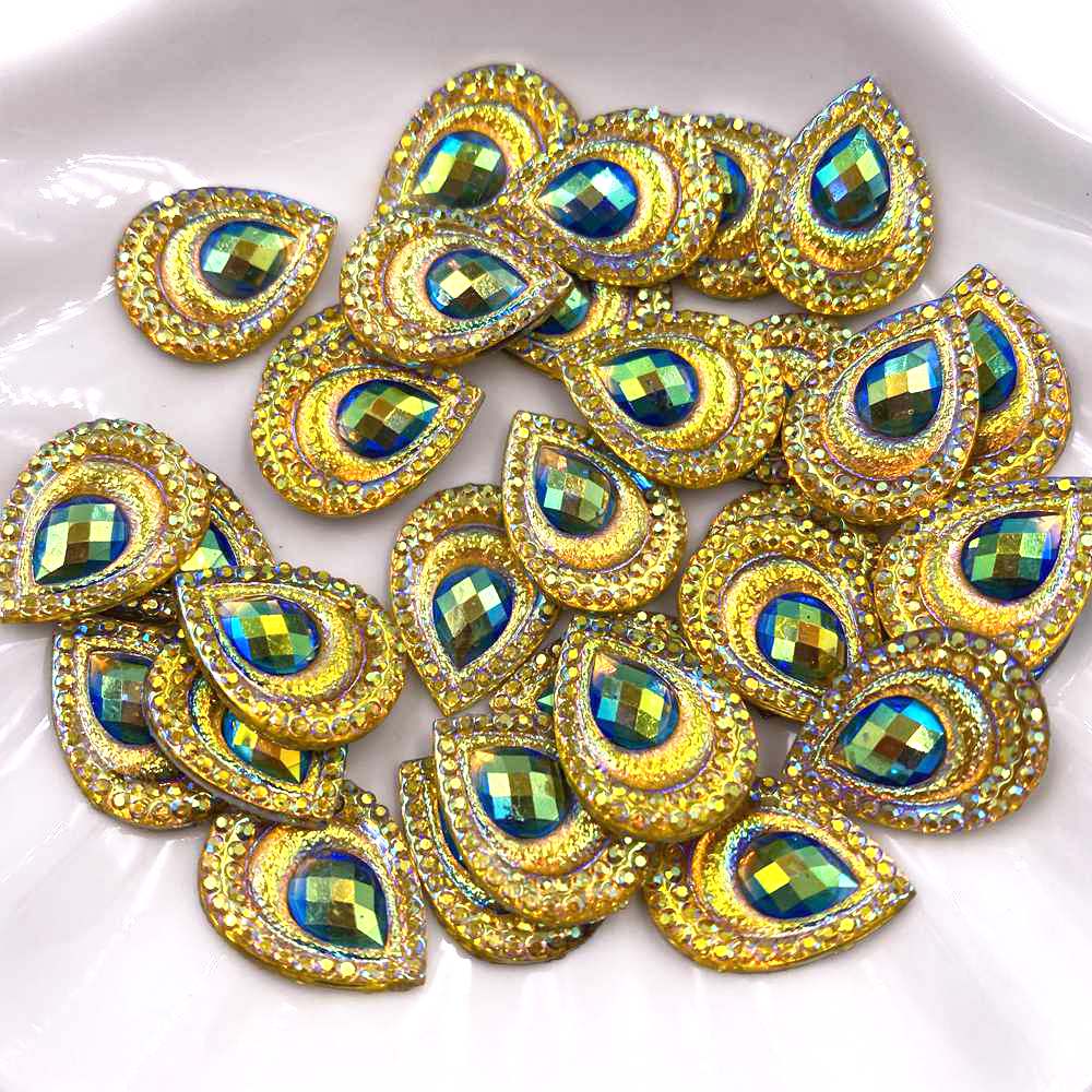 20pcs Resin 13mm 18mm Colorful Yellow Drop Peacock Eye Flatback Rhinestone