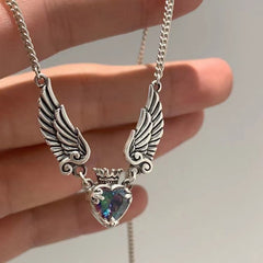 Vintage Distressed Aurora Love Crown Angel Demon Wings Pendant Necklace
