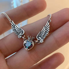Vintage Distressed Aurora Love Crown Angel Demon Wings Pendant Necklace