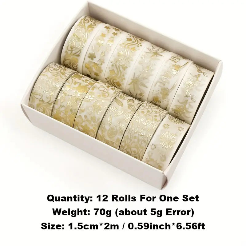 12 Rolls Golden Foil Masking Tape Set - DIY Scrapbooking Stickers Stationery