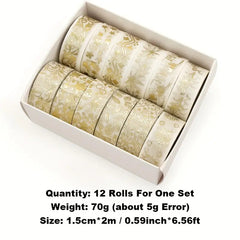 12 Rolls Golden Foil Masking Tape Set - DIY Scrapbooking Stickers Stationery