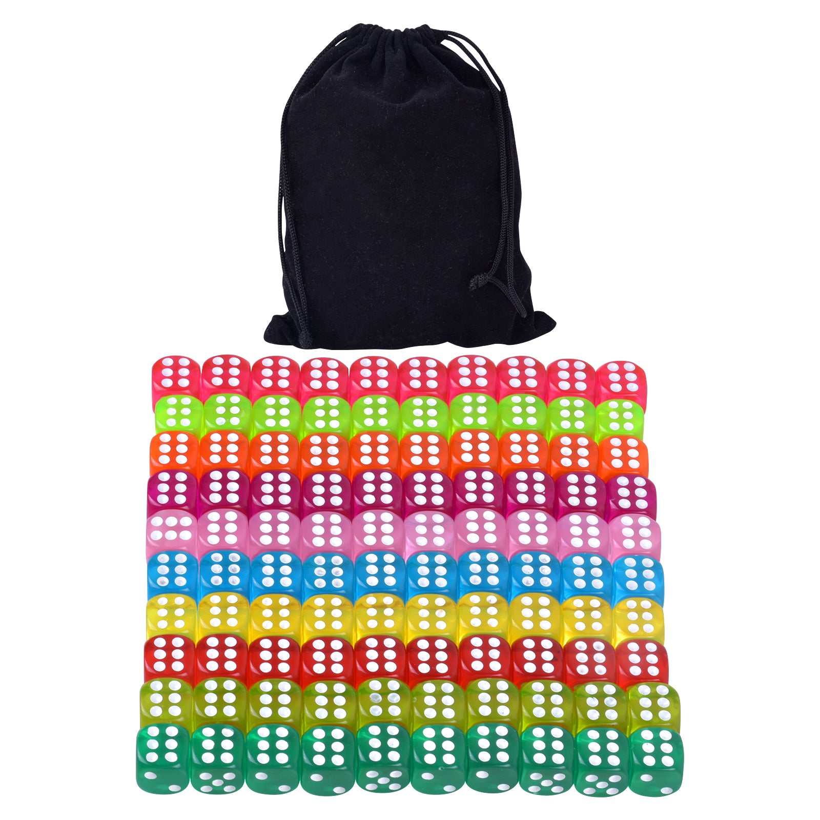 100pcs 6 Sided Game Dice 10 Colors 14mm Round Edges Dice With Velvet Pouch