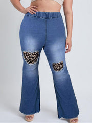 Plus Size Colorblock Leopard Print High Rise Flared Leg Jeans