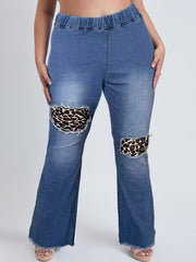 Plus Size Colorblock Leopard Print High Rise Flared Leg Jeans