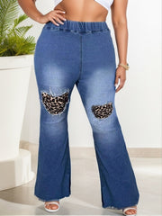 Plus Size Colorblock Leopard Print High Rise Flared Leg Jeans
