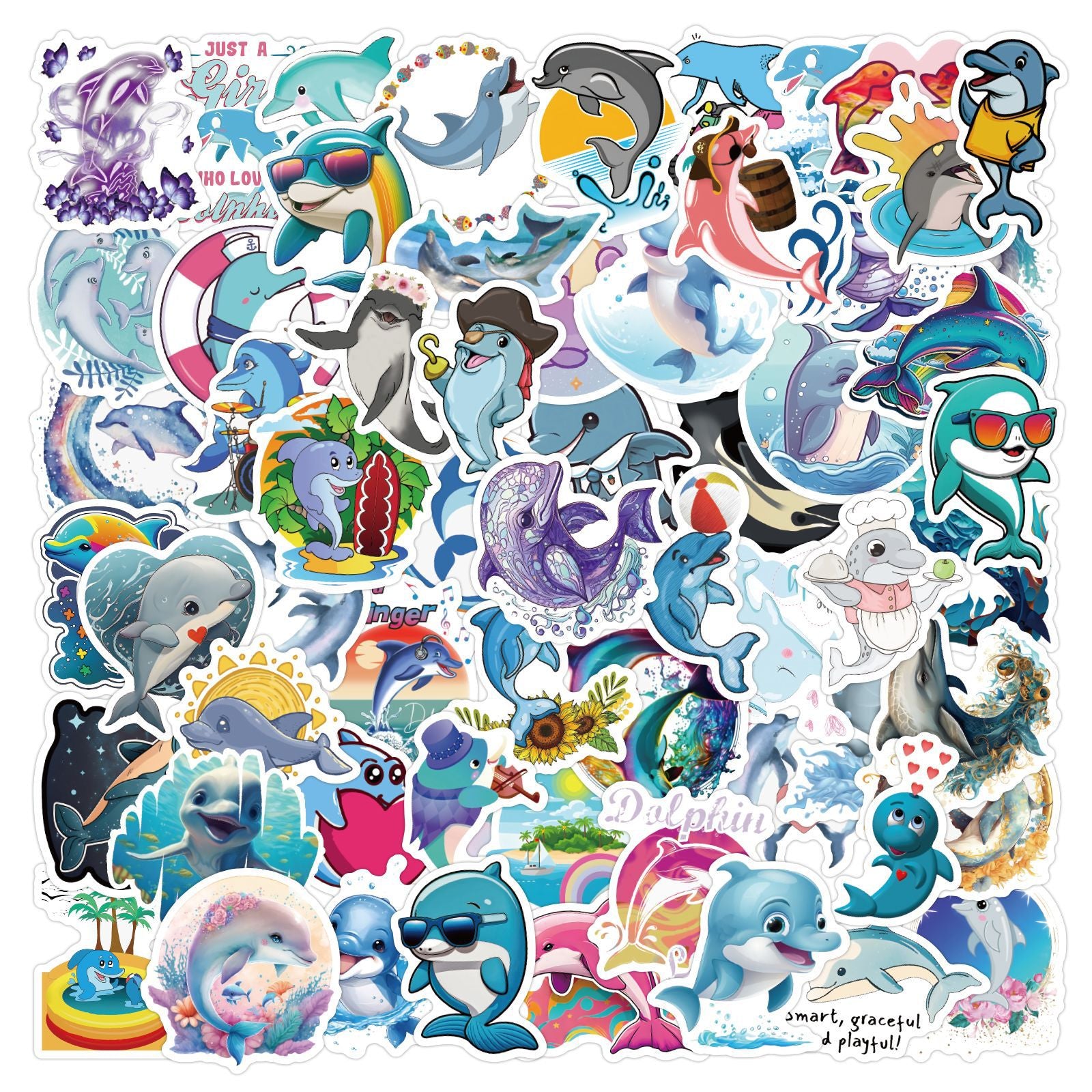 60pcs Dolphin Animals Doodle Aesthetics Funny Cartoon Stickers Pack