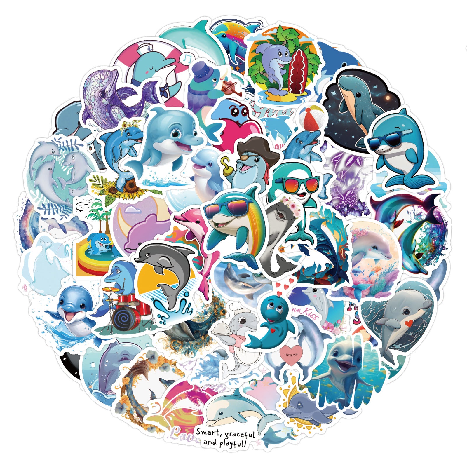 60pcs Dolphin Animals Doodle Aesthetics Funny Cartoon Stickers Pack