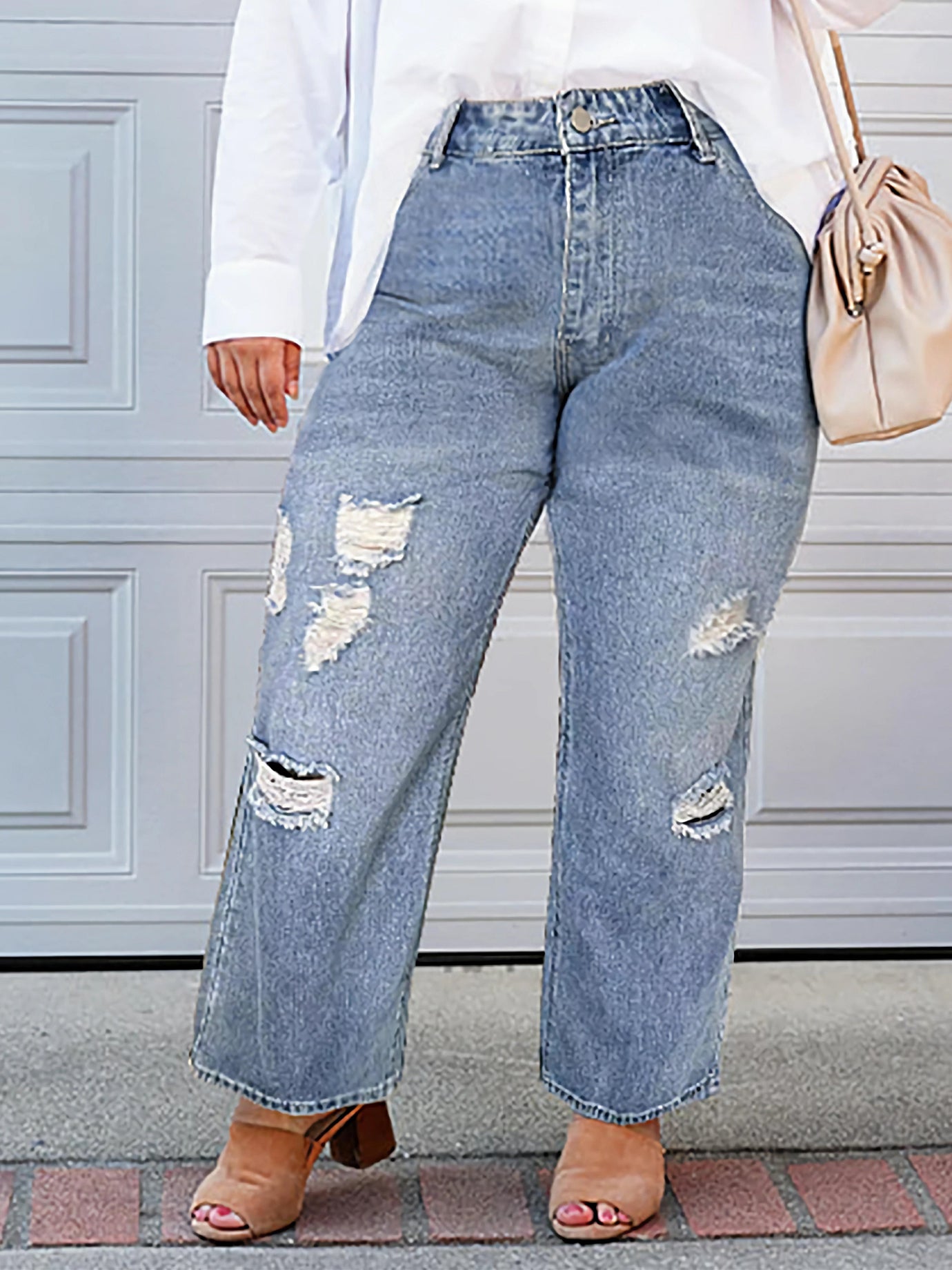 Casual Button Fly Ripped High Rise Loose Fit Jeans
