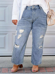 Casual Button Fly Ripped High Rise Loose Fit Jeans
