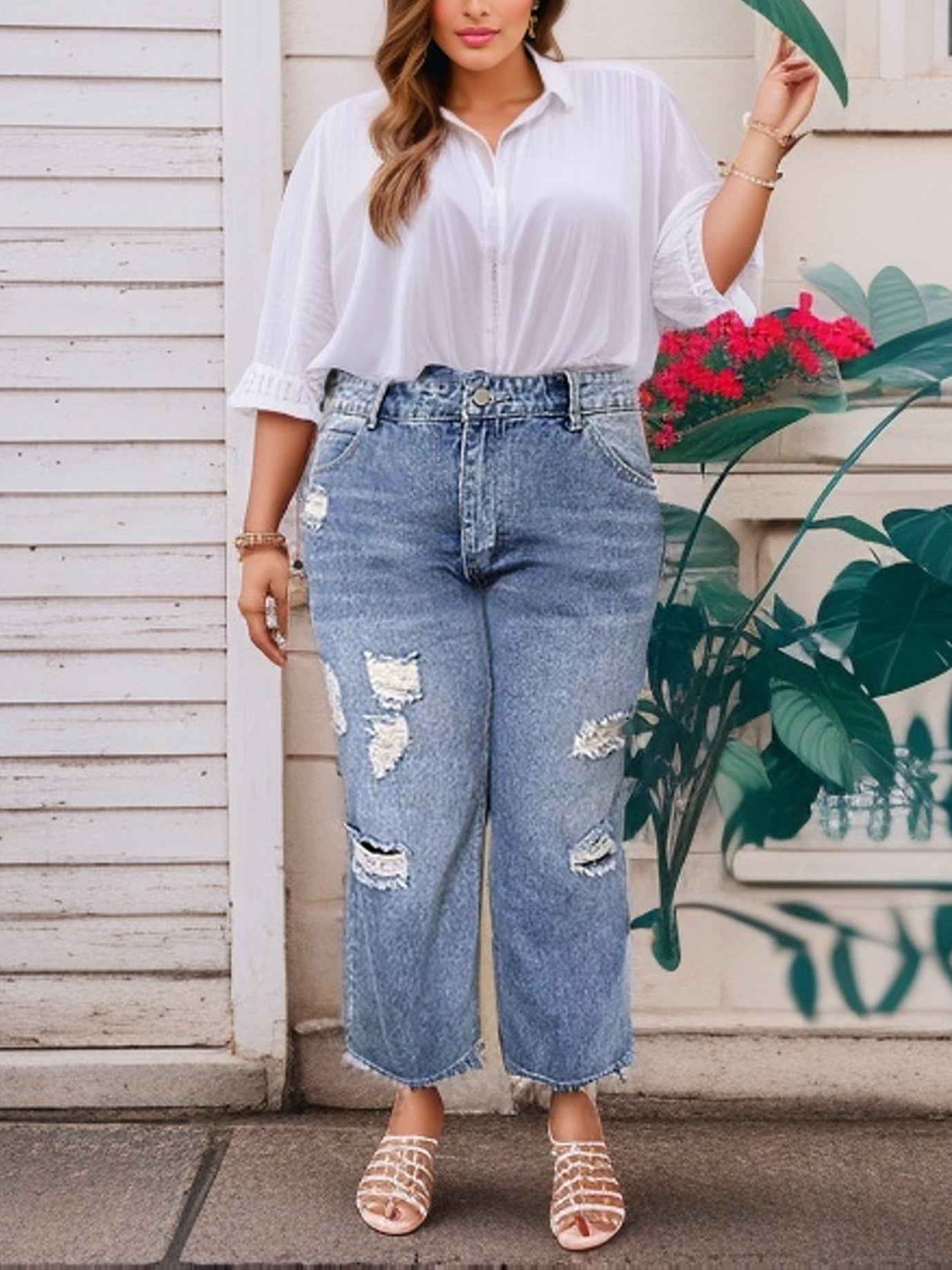 Casual Button Fly Ripped High Rise Loose Fit Jeans