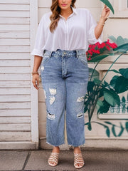 Casual Button Fly Ripped High Rise Loose Fit Jeans
