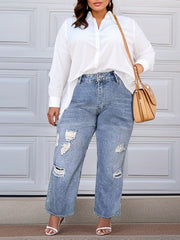 Casual Button Fly Ripped High Rise Loose Fit Jeans
