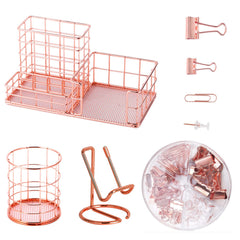 Mesh Desk Organizer Set with Pen Holder, Phone Stand, Paper Clips & Push Pins