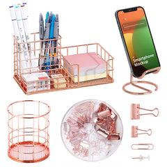 Mesh Desk Organizer Set with Pen Holder, Phone Stand, Paper Clips & Push Pins
