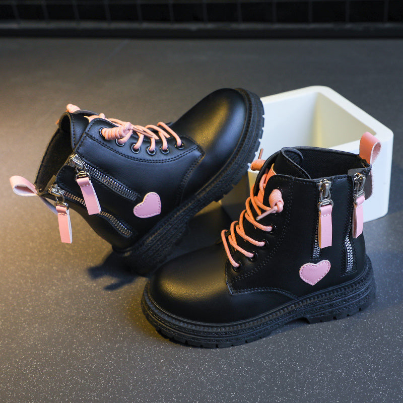 Girls Heart Print Ankle Boots, Non Slip Zip Closure, Indoor Outdoor Travel