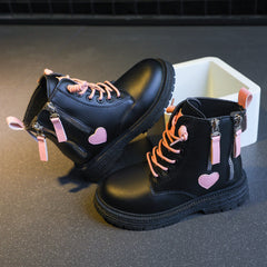 Girls Heart Print Ankle Boots, Non Slip Zip Closure, Indoor Outdoor Travel