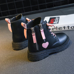 Girls Heart Print Ankle Boots, Non Slip Zip Closure, Indoor Outdoor Travel